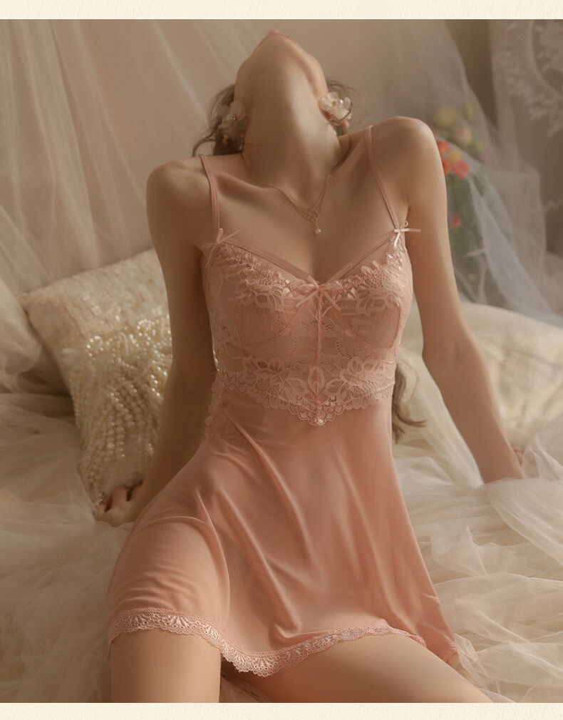 輕奢性感透視網紗拼接蕾絲睡裙套裝